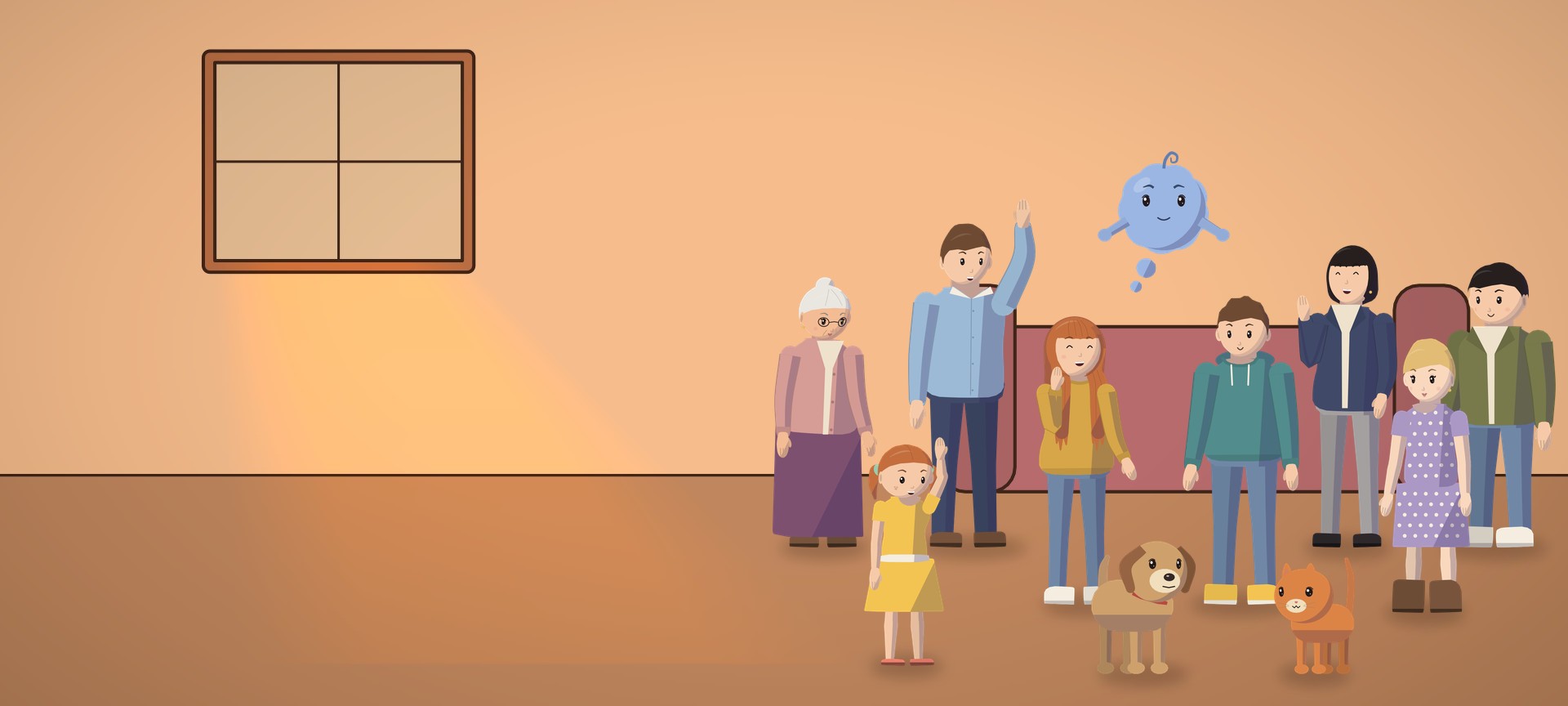 The Drawn Films characters together in a living room: a grandmother, parents, teens, a little girl waving, a dog, a cat and a thought cloud