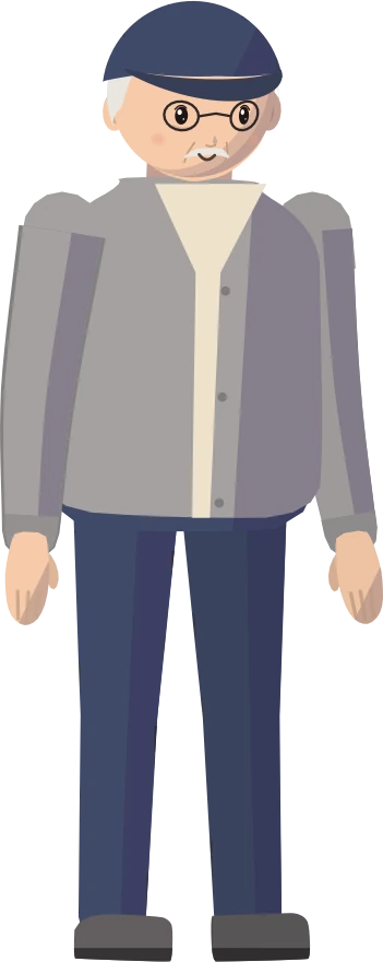 A grandad with a white moustache, a grey cardigan and a navy cap