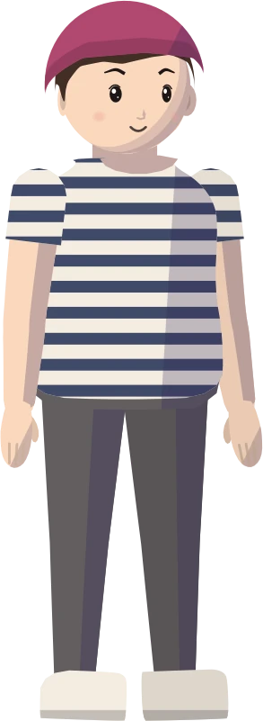 A teen in a striped tee, grey joggers and a berry beanie
