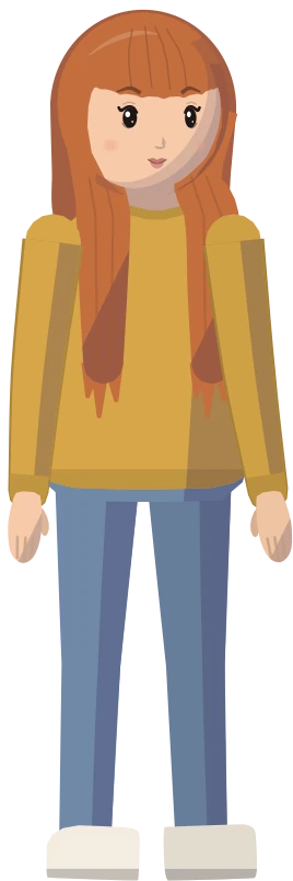 Ella in her mustard sweater and jeans, long hair, no hat