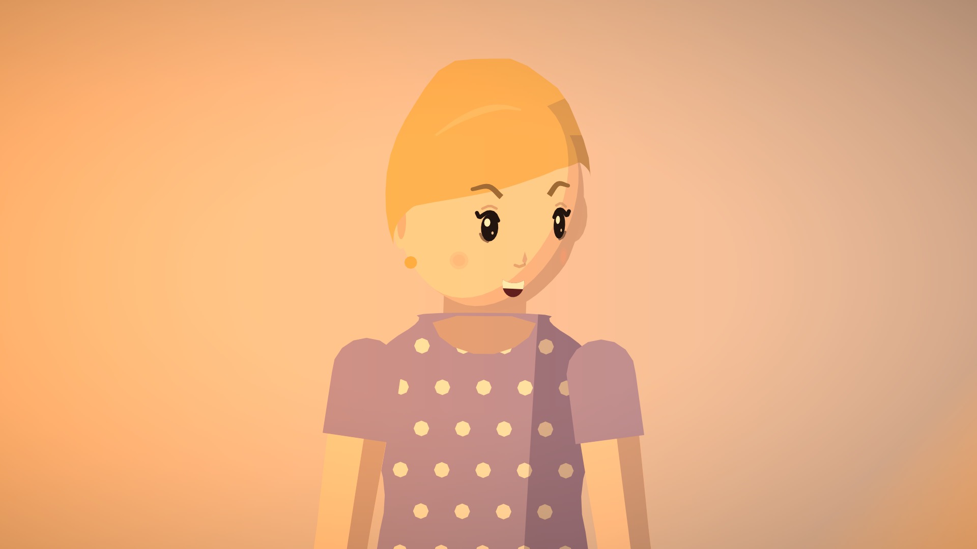 A young woman with blonde hair in a polka-dot top, lit warm orange