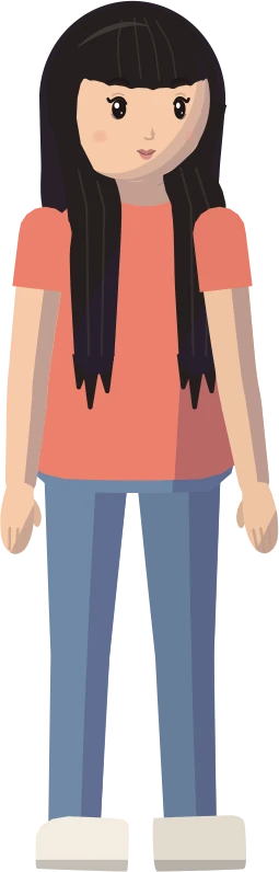 Zara: fair skin, black hair, coral top