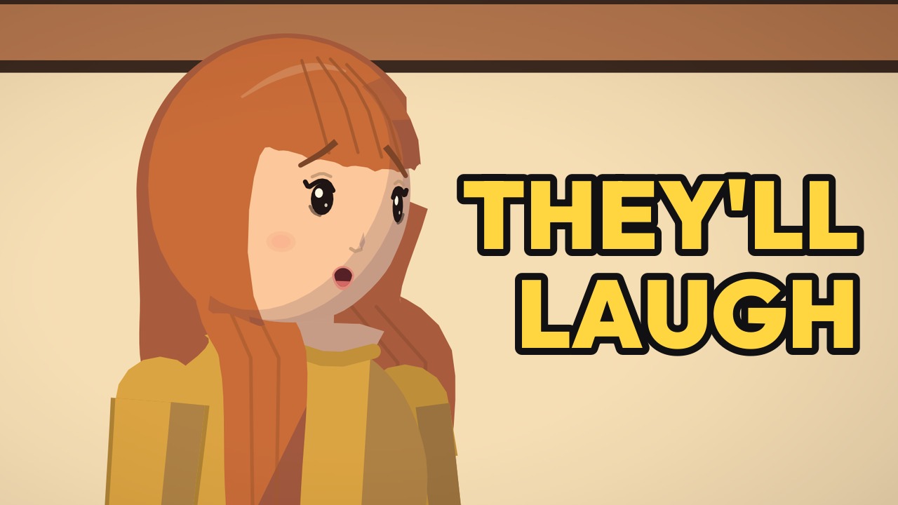 Thumbnail: Ella scared at the front of the class, with the words THEY'LL LAUGH