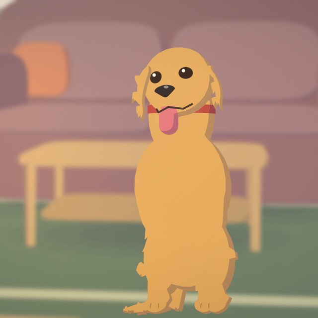 Biscuit, a golden retriever, sitting and looking at us