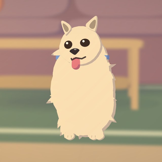 Cloud, a fluffy spitz, sitting and looking at us