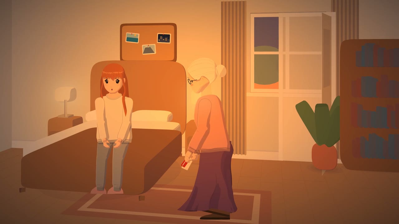 A bedroom lit warm by a lamp, with a girl sitting on her bed and her grandmother walking in