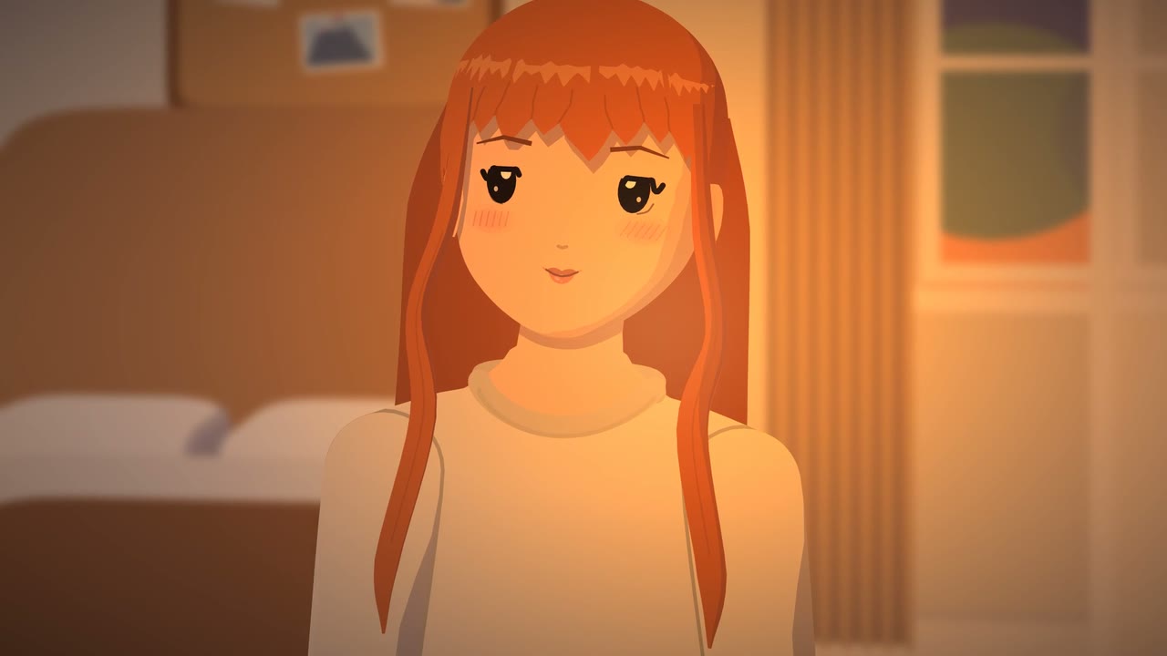A girl with long orange hair in a warm bedroom, lips just parted, about to speak