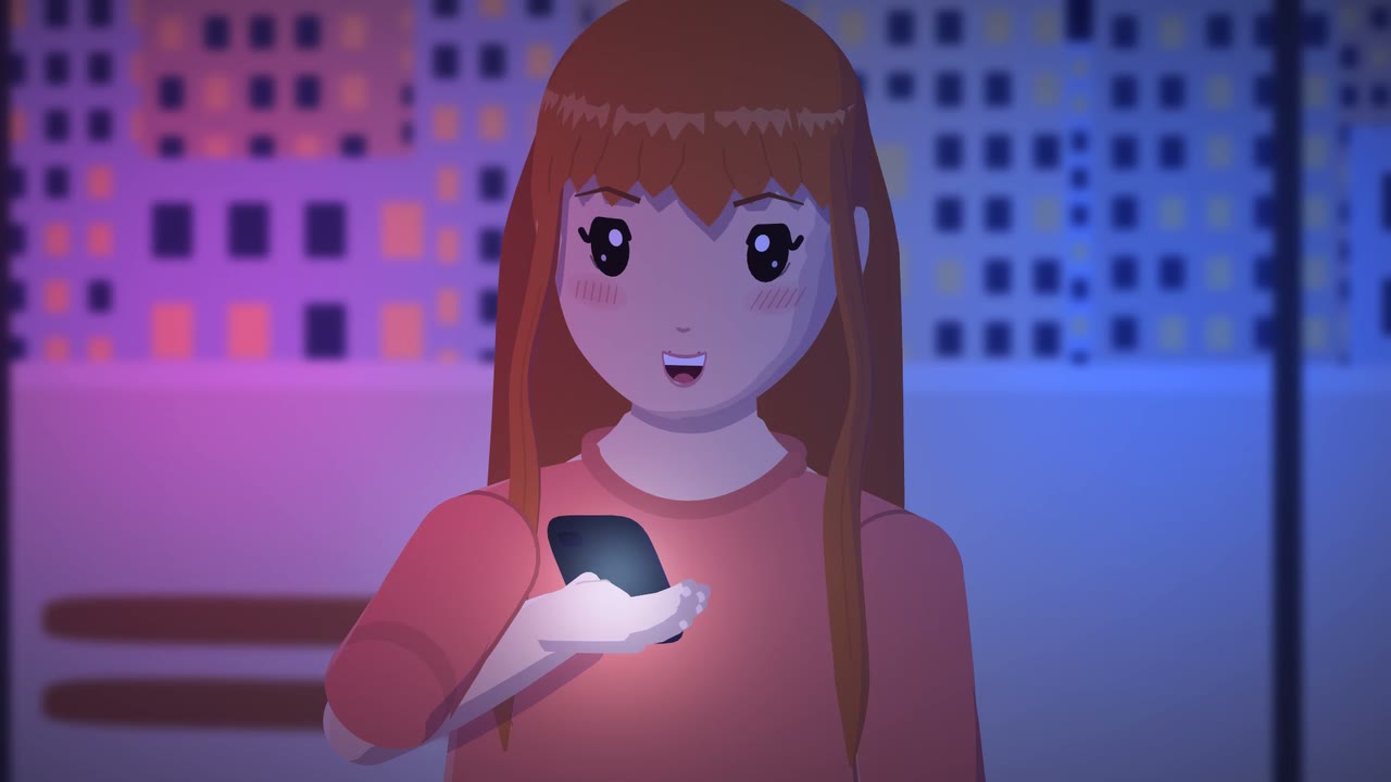 A close-up of a girl with long orange hair smiling on a rooftop at night, her phone in her hand and the city lights behind her