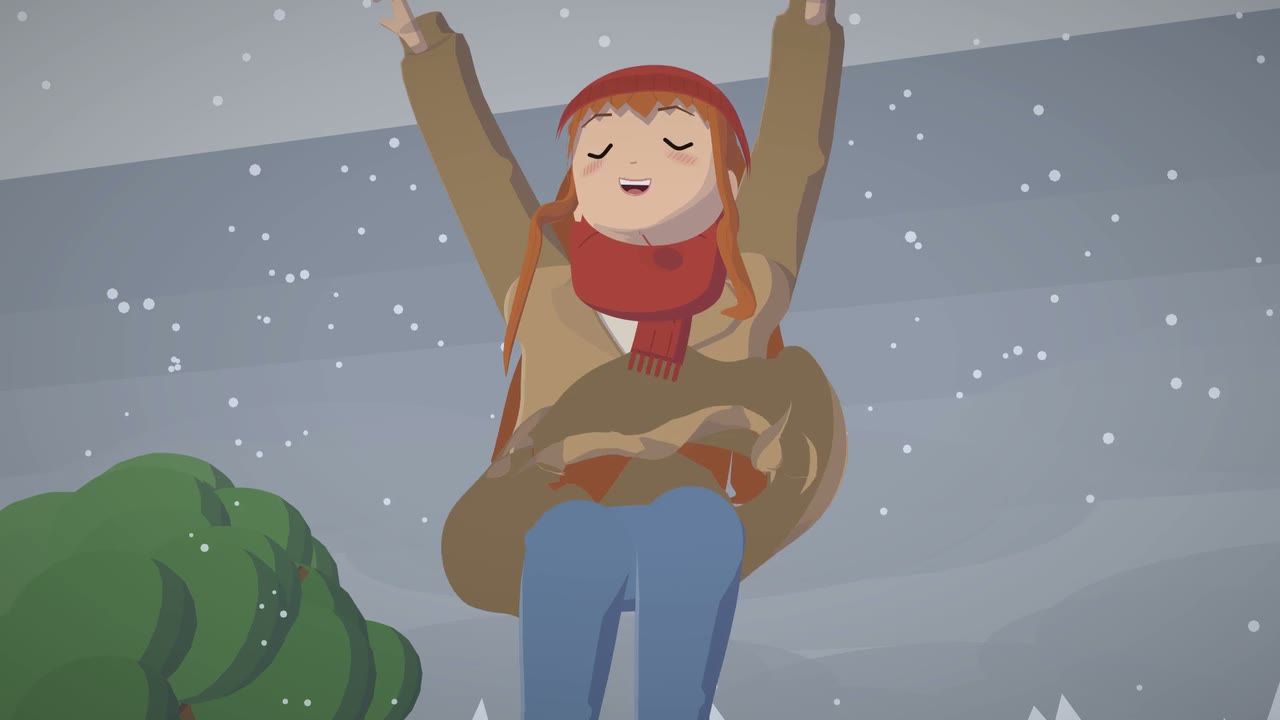 A girl in a red woolly hat and scarf leaping into the air with her arms up in a snowy park.