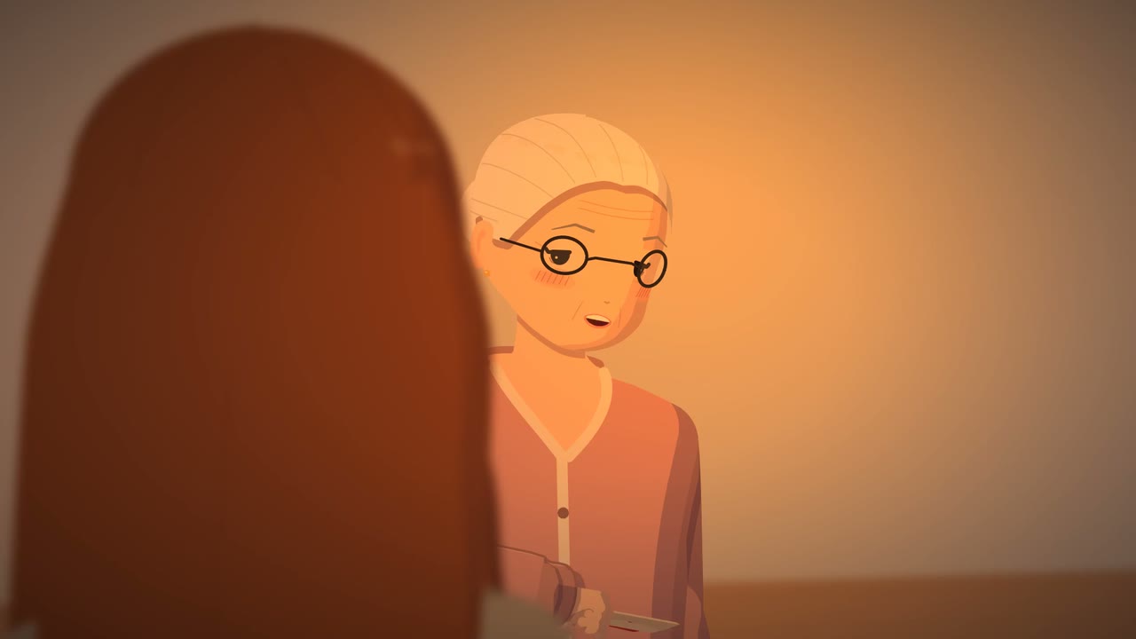 Over Ella's shoulder, her grandmother, an old woman with white hair and round glasses, talks to her in a warm bedroom