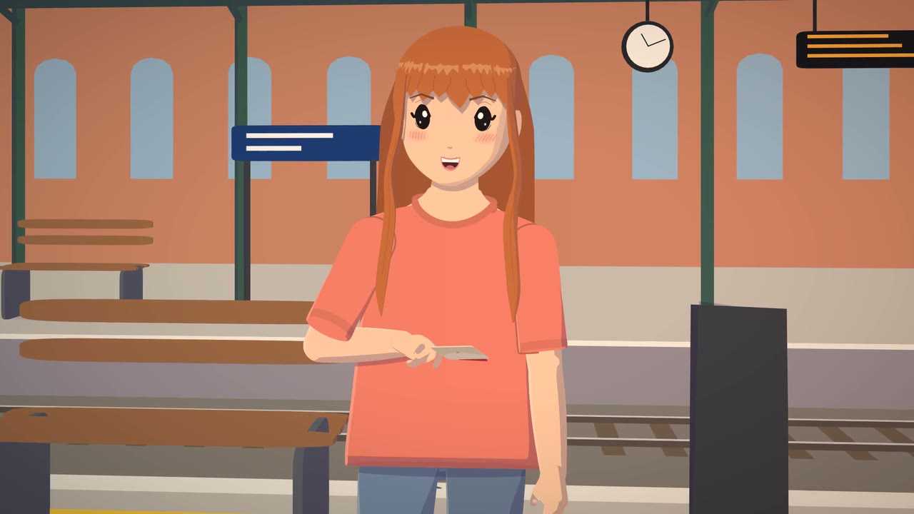 A girl with long orange hair and a pink T-shirt stands on a railway platform holding a train ticket, with benches, a clock and a brick station behind her.
