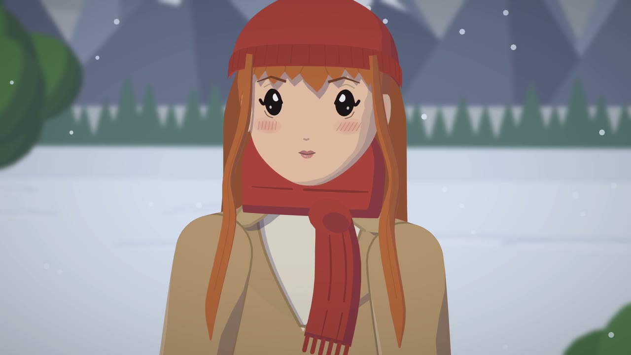 A close-up of a girl with long orange hair in a red woolly hat and scarf, in the falling snow.