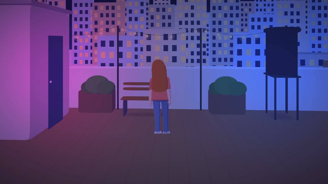 A rooftop at night under a purple sky, with a girl standing alone and the lit windows of the city behind her.