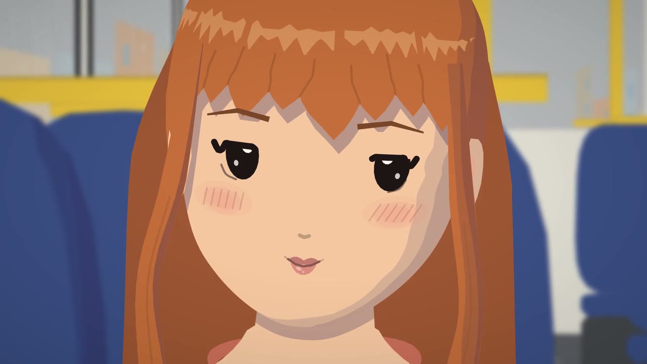 A close-up of a girl with long orange hair on a train, her lips closed and relaxed, with blue train seats behind her